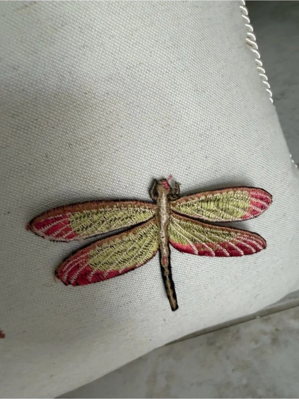 Embroidered Austin Horn Classics Dragonfly Botanical Accent Pillow Cream